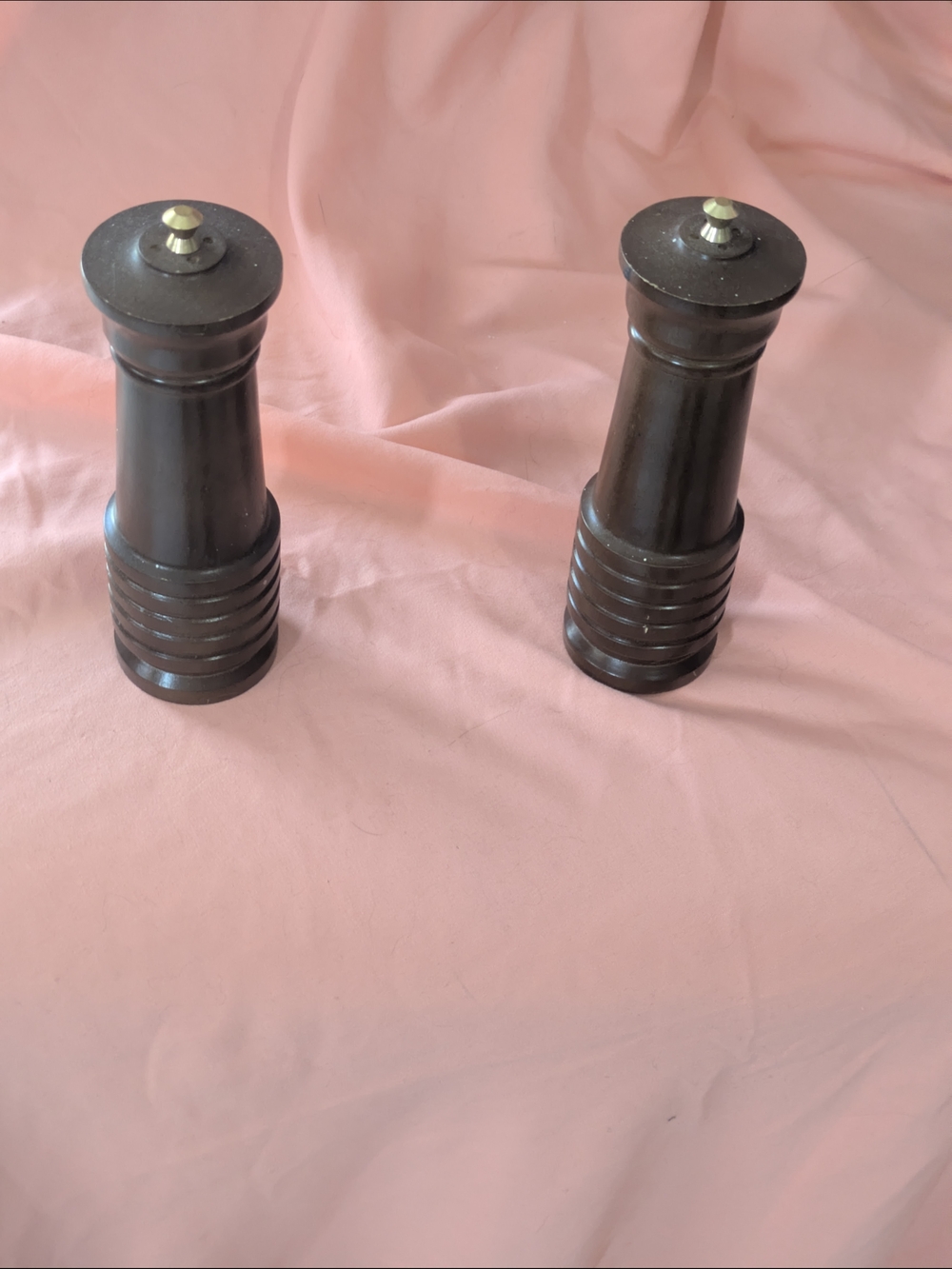 Pair of Black Wooden Pepper Mills with Brass Tops